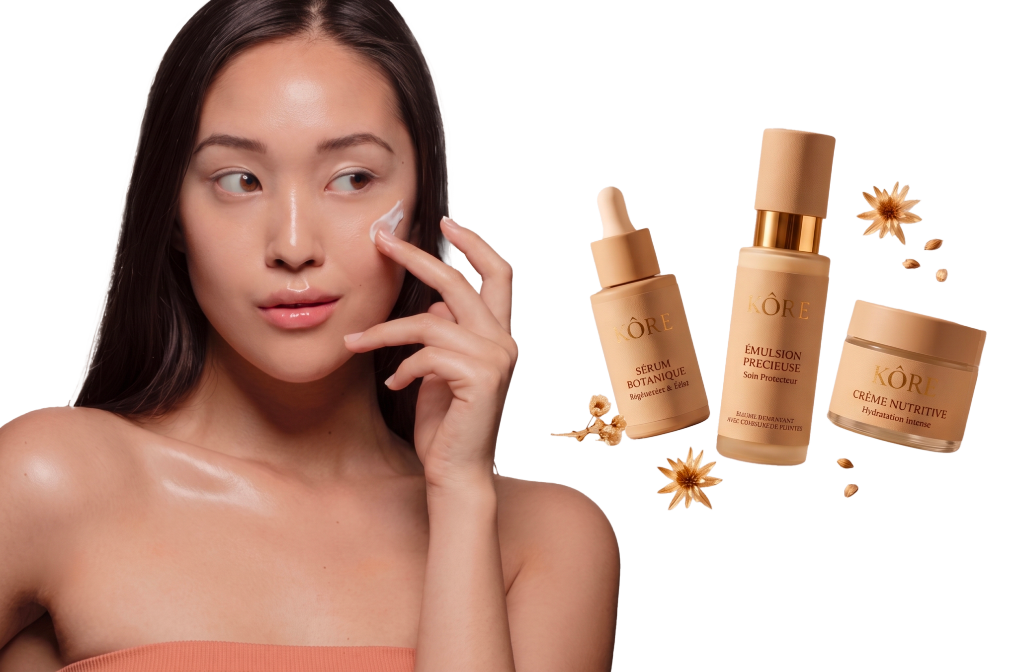 Routine de rituel skincare coréen KÔRE avec une femme à la peau sensible et éclatante appliquant une crème minimaliste.